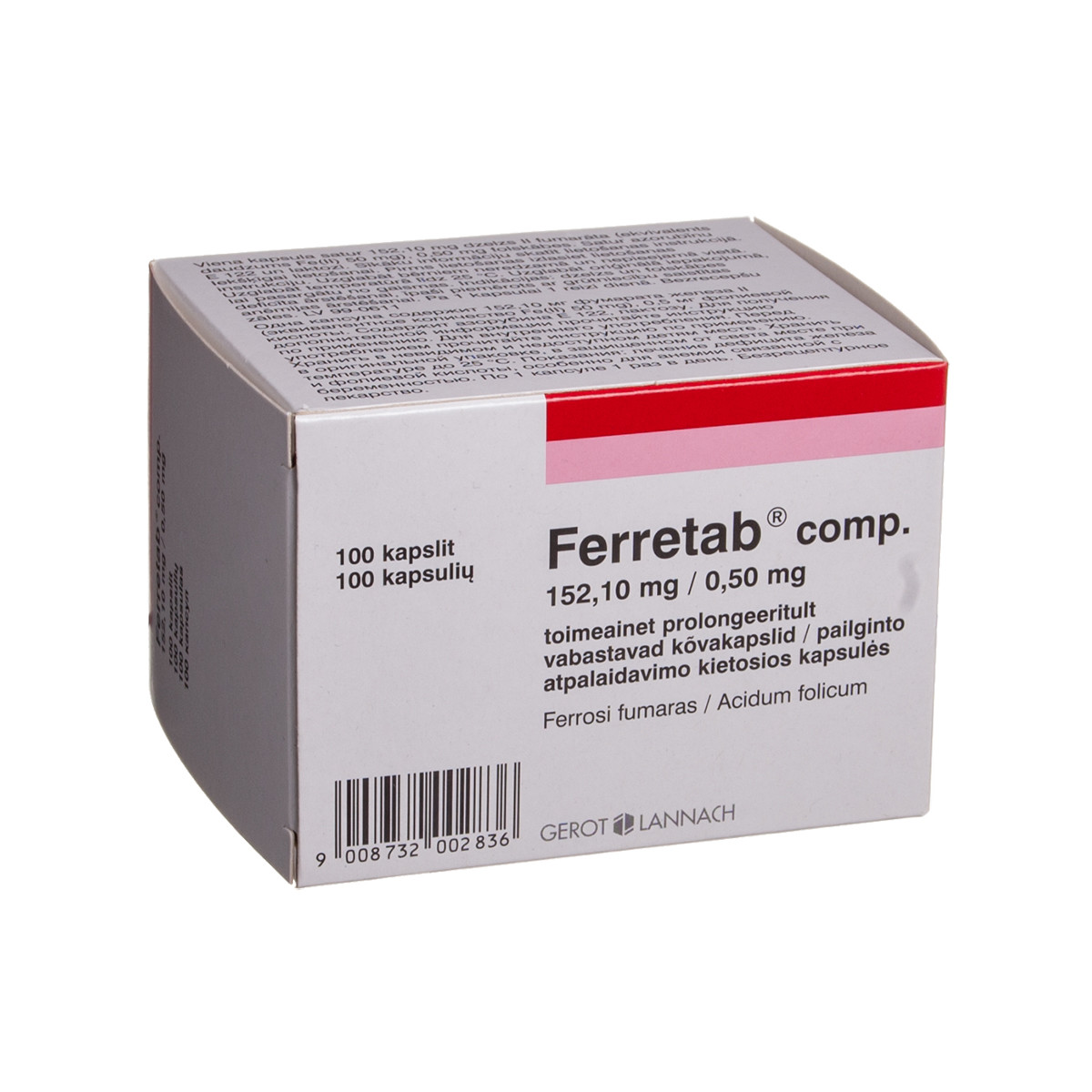 FERRETAB COMP., 152,1 mg/0,5 mg, pailginto atpalaidavimo kietosios kapsulės, N100