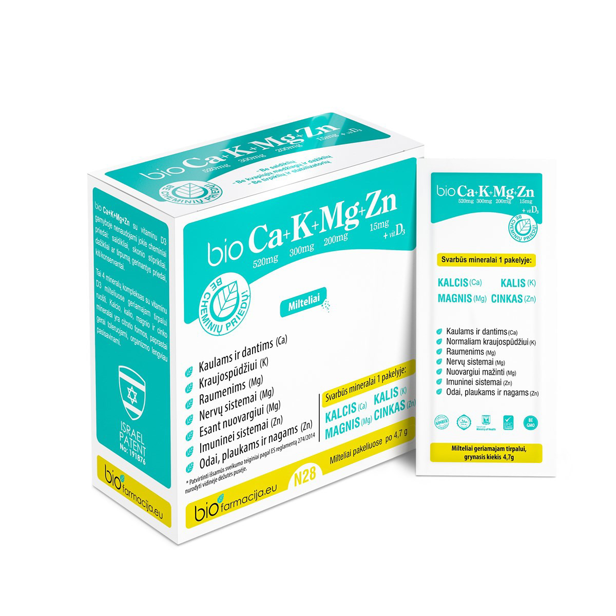 BIO Ca+K+Mg+Zn su vitaminu D3, milteliai, 28 vnt.