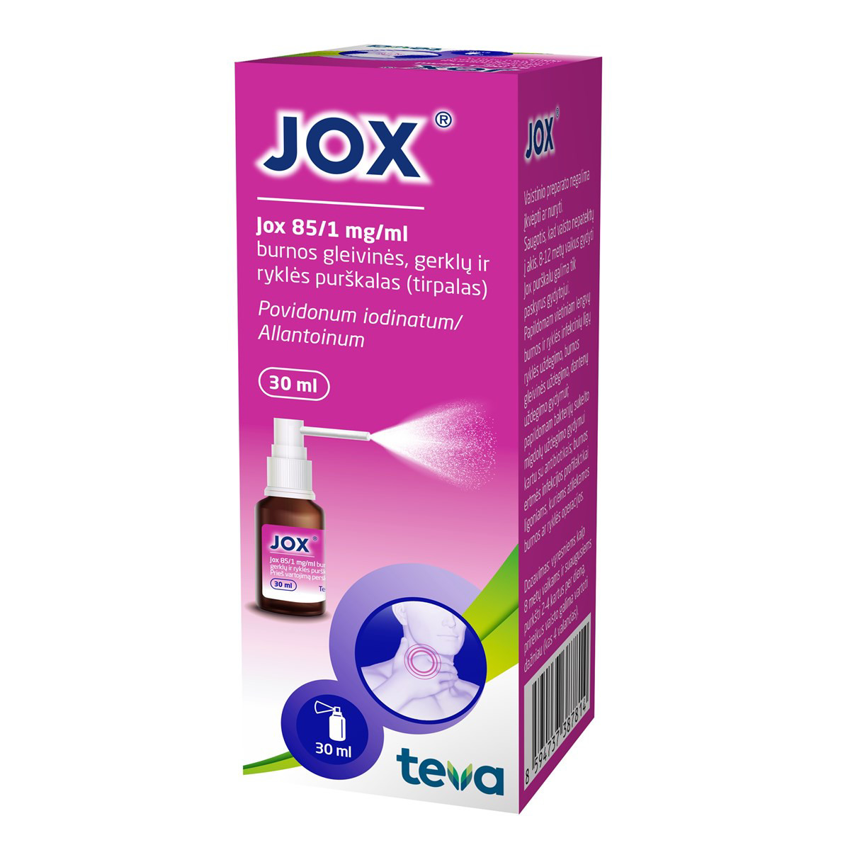 JOX, 85/1 mg/ml, burnos gleivinės, gerklų ir ryklės purškalas (tirpalas), 30 ml