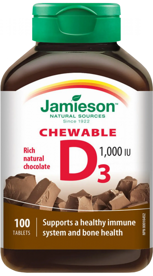 JAMIESON Vitamin D 1000 IU (25 µg) Chocolat košļājamās tabletes, 100 gab.