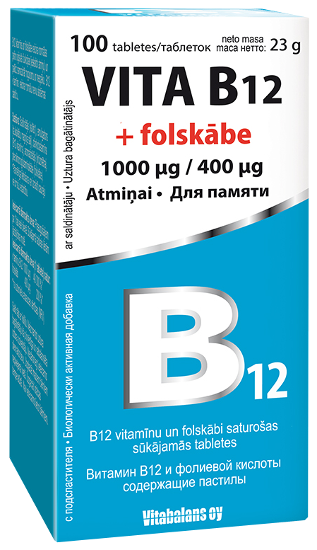 VITA B12 + folskābe 1000 µg /400 µg sūkājamās tabletes, 100 gab.