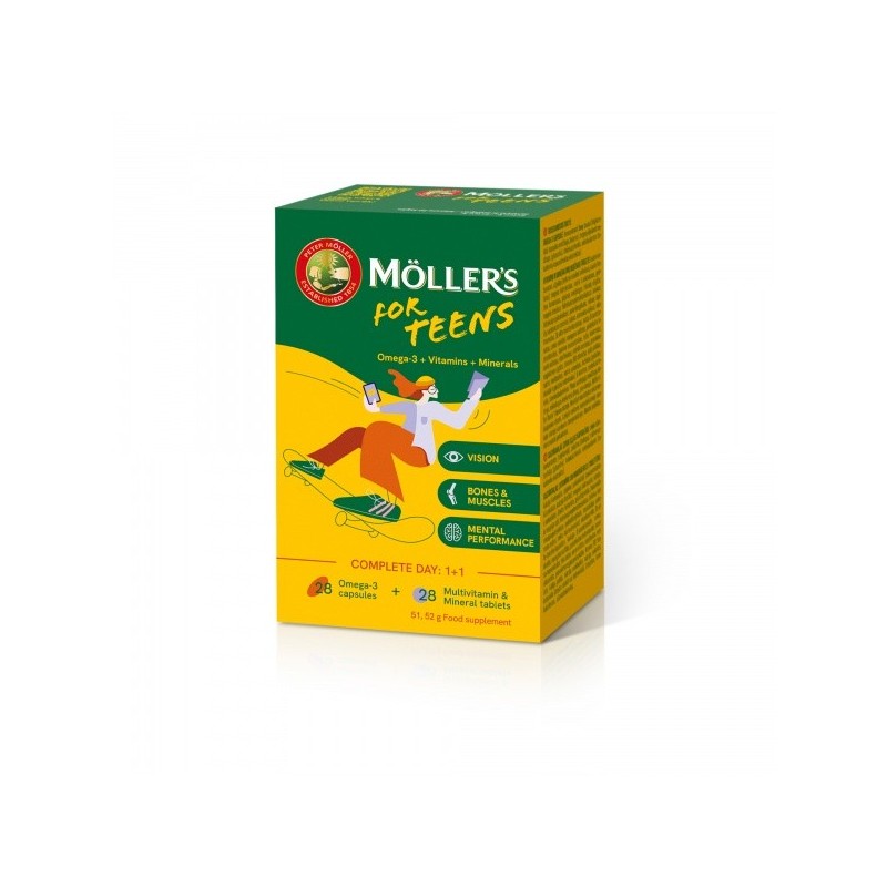 MOLLERS paaugliams Omega-3 ir vitaminų bei mineralų kompleksas, 28 kaps. x 28 tab.