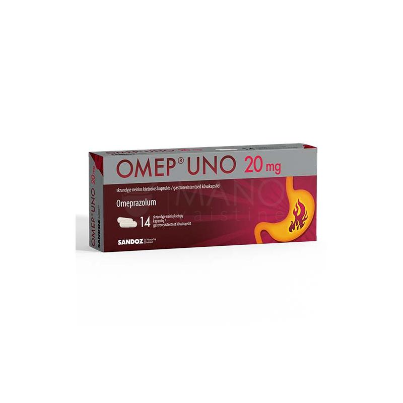 OMEP UNO 20 mg skrandyje neirios kietosios kapsulės N14