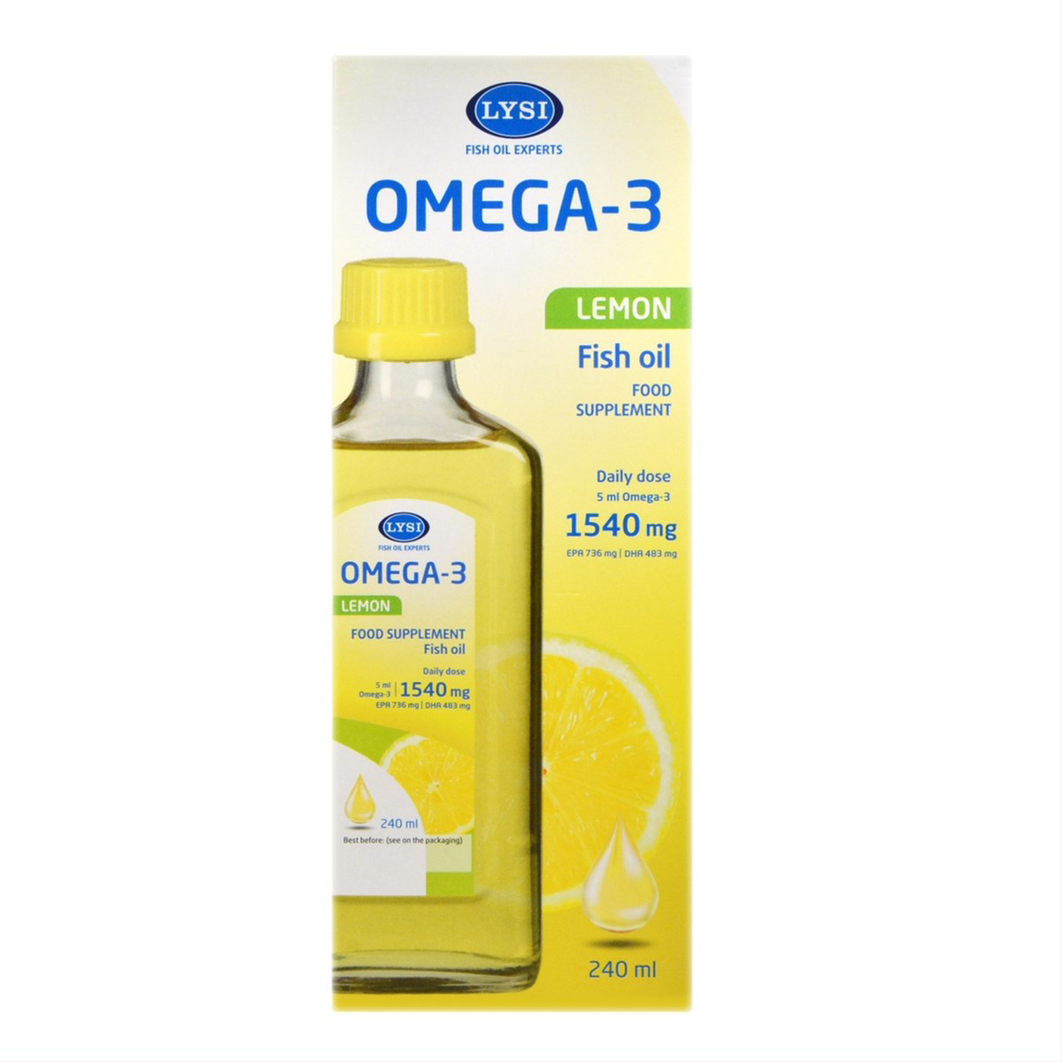 LYSI OMEGA-3, žuvų taukai, citrinų skonio, 240 ml