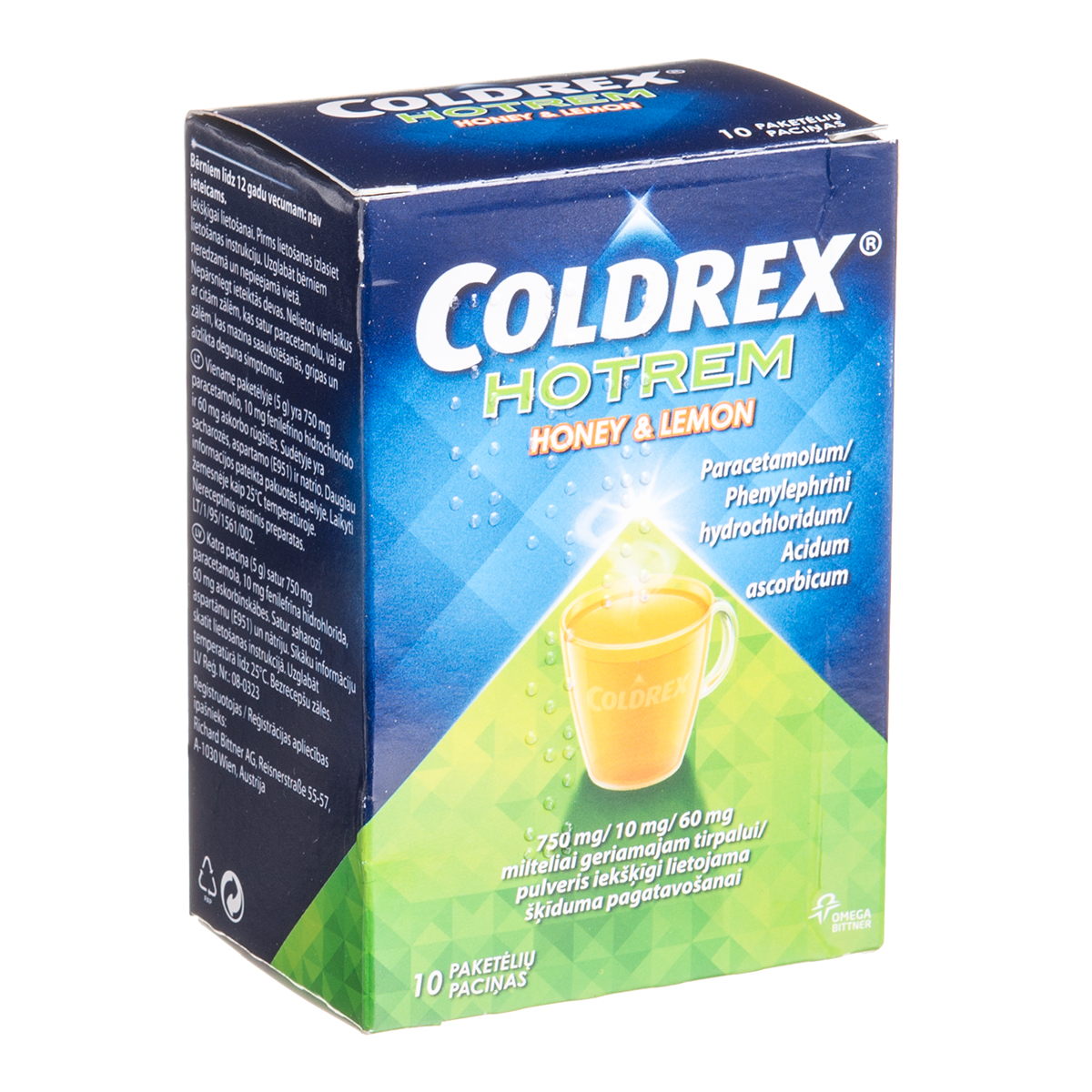 COLDREX HOTREM HONEY & LEMON, 750 mg/10 mg/60 mg, milteliai geriamajam tirpalui, N10