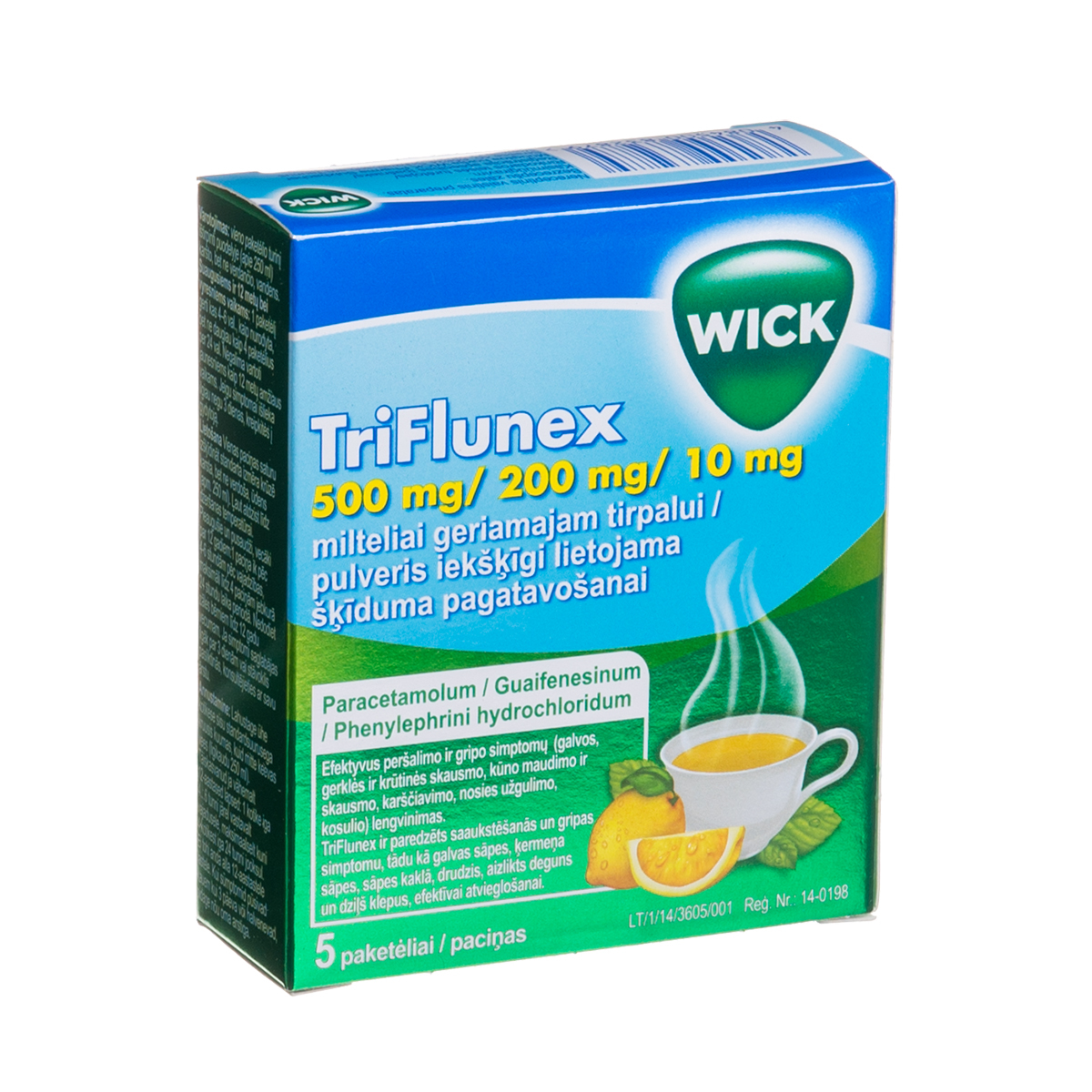 TRIFLUNEX, 500 mg/200 mg/10 mg, milteliai geriamajam tirpalui, N5