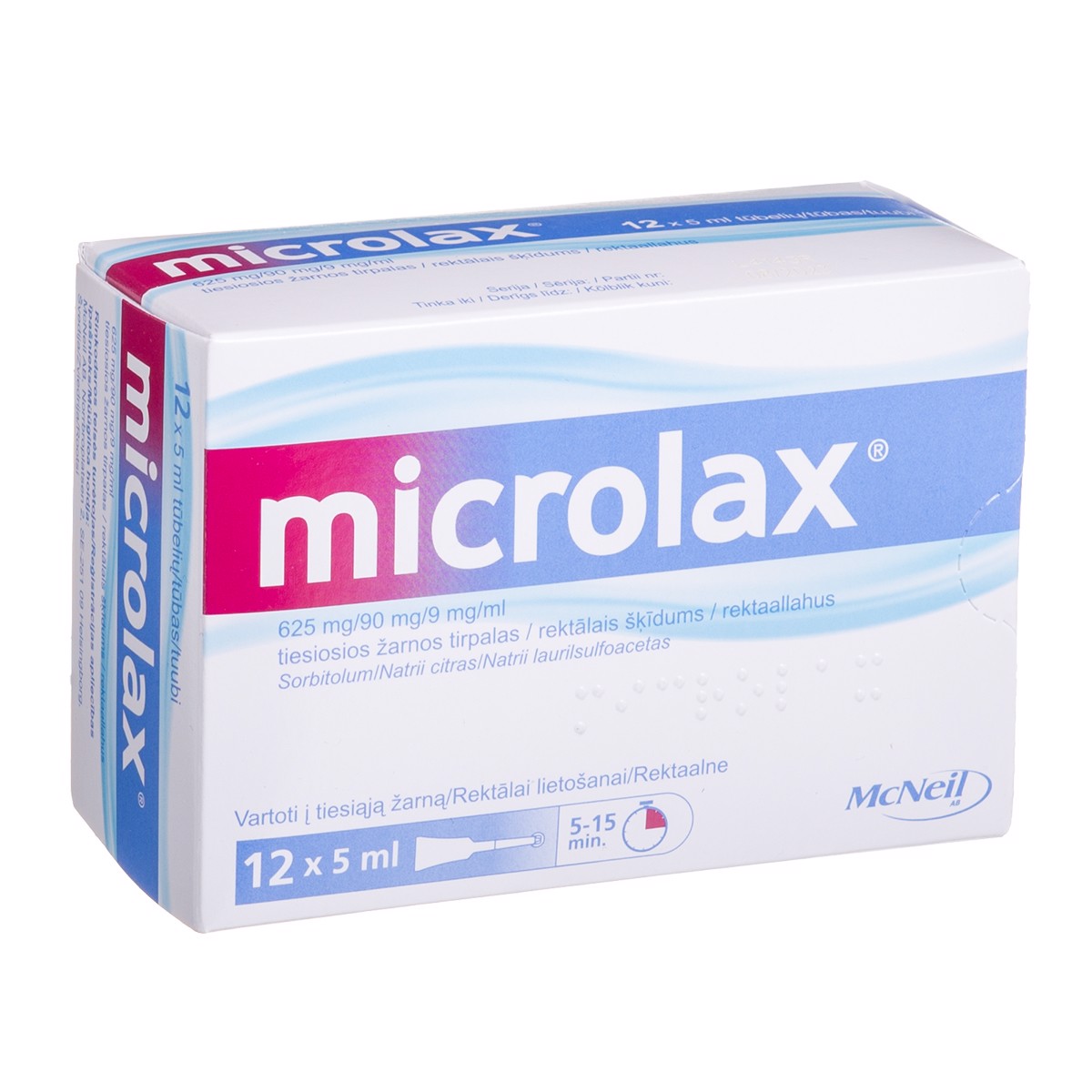 MICROLAX, 625 mg/90 mg/9 mg/ml, tiesiosios žarnos tirpalas, 5 ml, N12