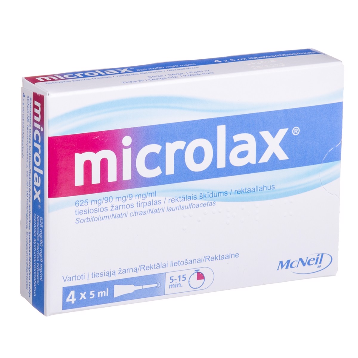MICROLAX, 625 mg/90 mg/9 mg/ml, tiesiosios žarnos tirpalas, 5 ml, N4