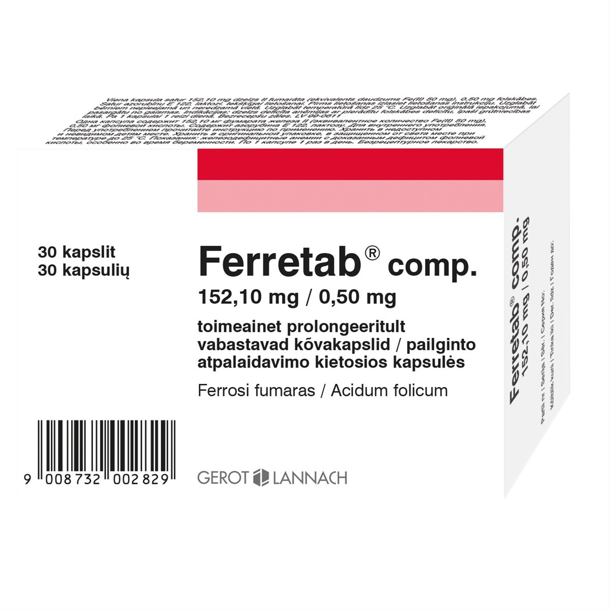FERRETAB COMP., 152,1 mg/0,5 mg, pailginto atpalaidavimo kietosios kapsulės, N30