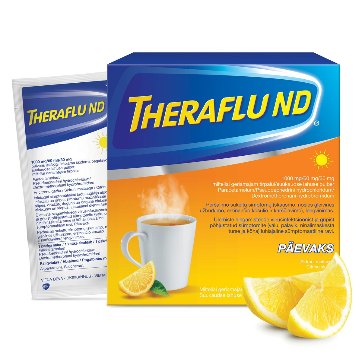 THERAFLU ND, 1000 mg/60 mg/30 mg, milteliai geriamajam tirpalui, N10