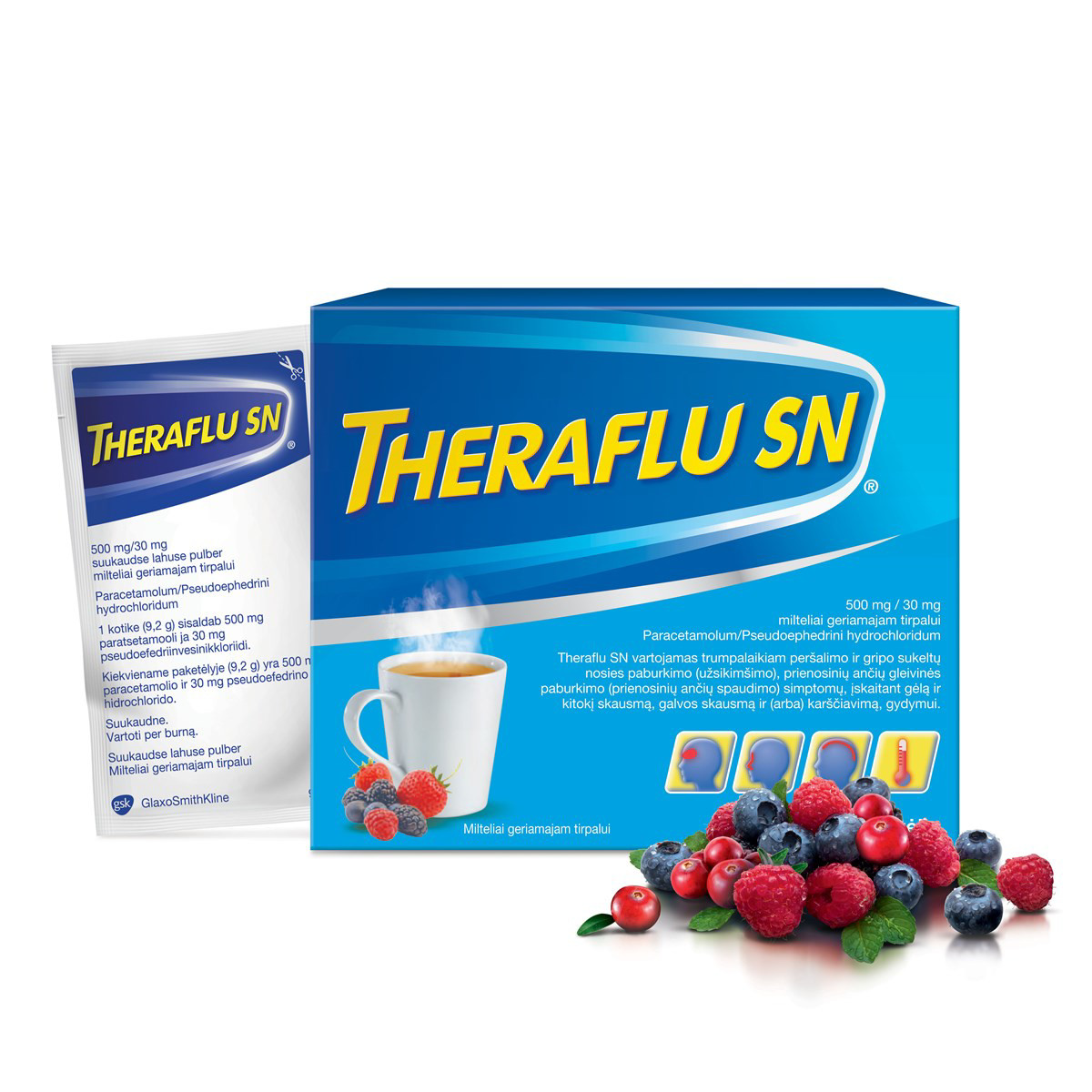 THERAFLU SN, 500 mg/30 mg, milteliai geriamajam tirpalui, N10