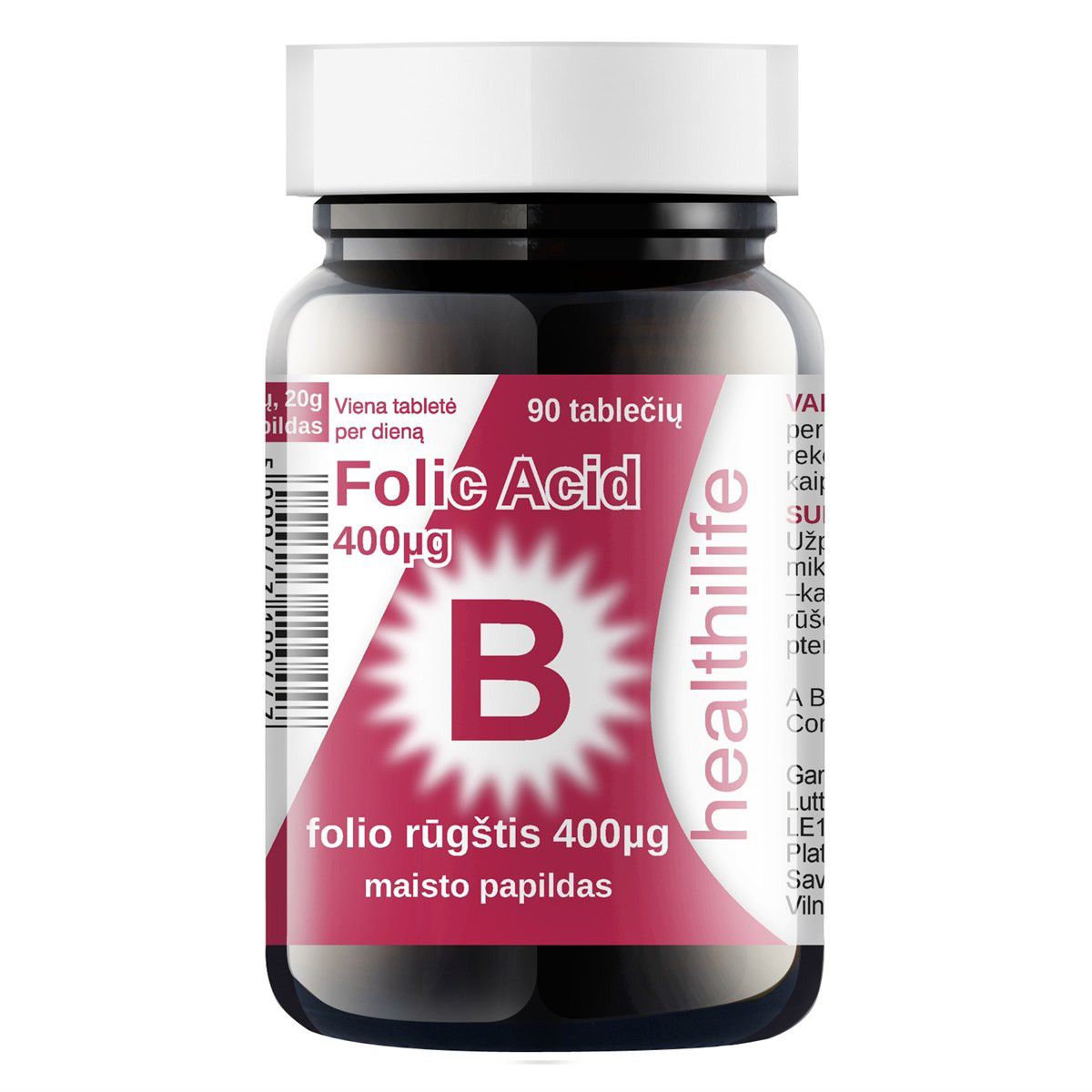 HEALTHILIFE FOLIC ACID, folio rūgštis, 0,4 mg, 90 tablečių