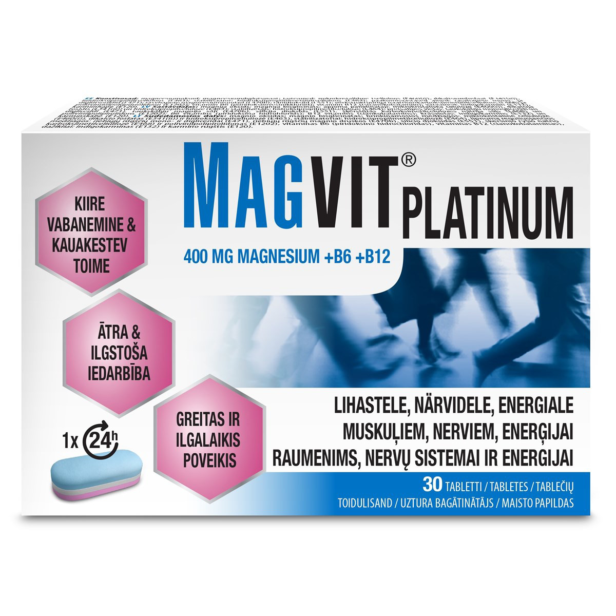 MAGVIT PLATINUM, 400 mg MAGNESIUM + B6 + B12, 30 tablečių