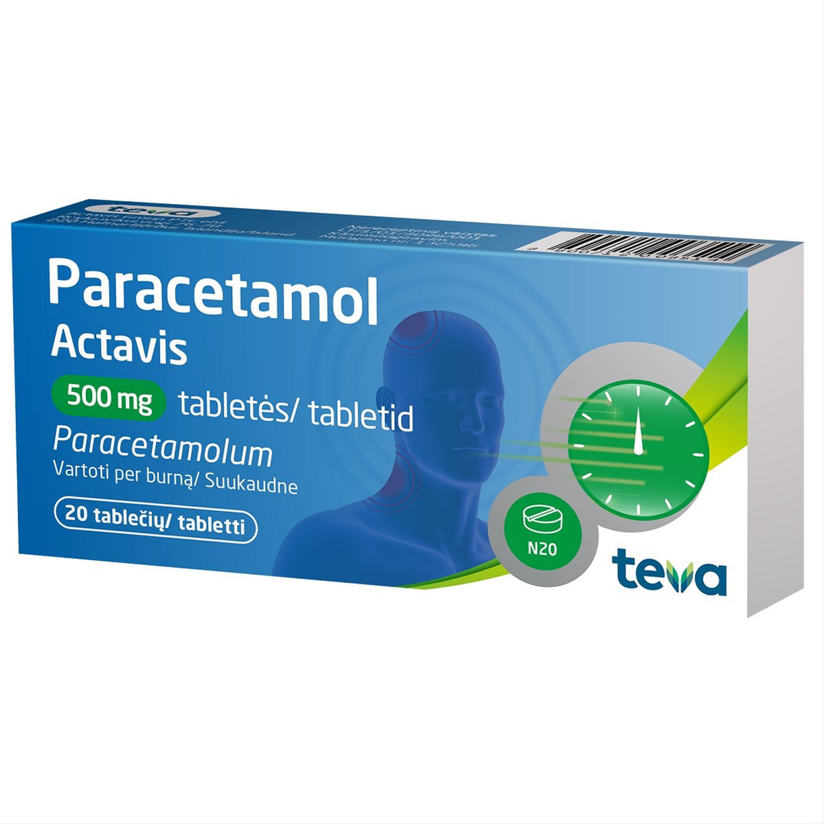 PARACETAMOL ACTAVIS, 500 mg, tabletės, N20
