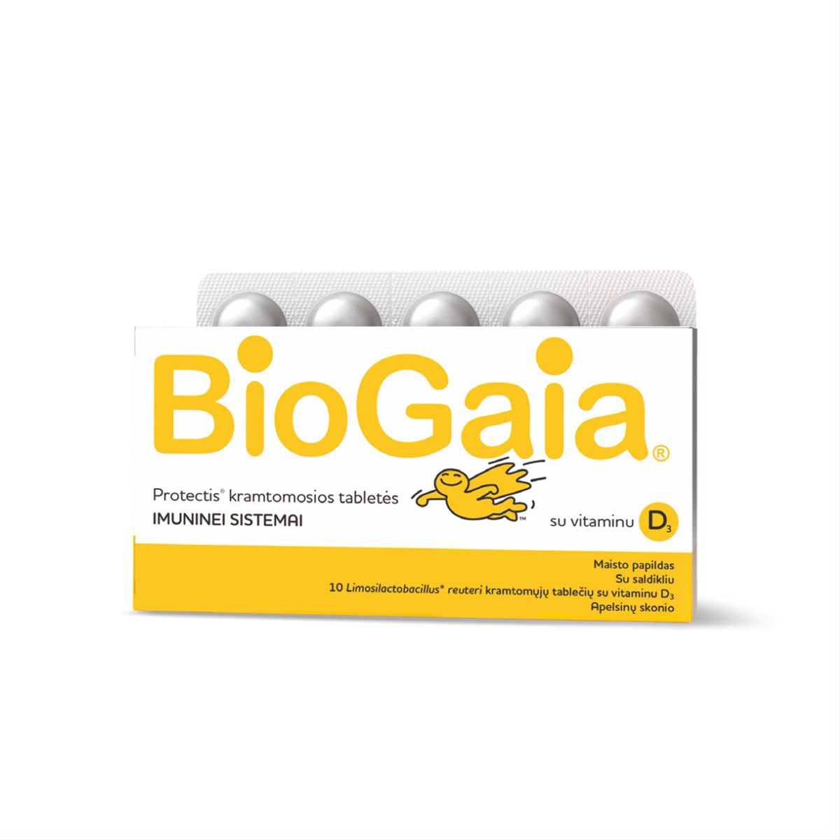 BIOGAIA PROTECTIS, 10 kramtomųjų tablečių su vitaminu D3, apelsinų skonio