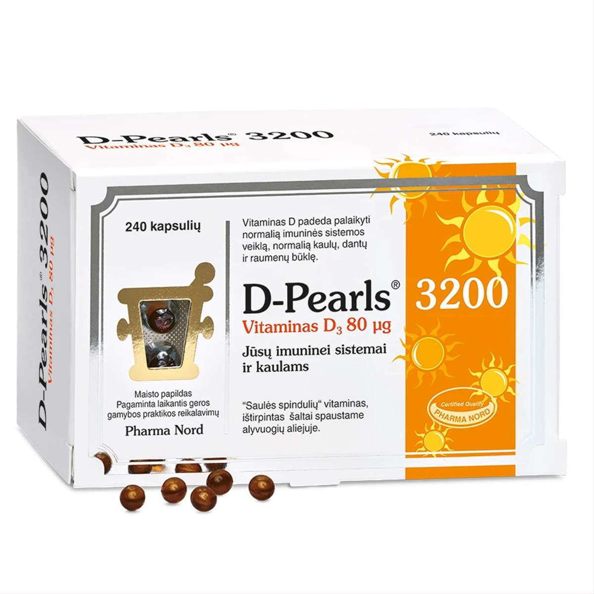 D-PEARLS 3200, vitaminas D3, 80 mcg, 240 kapsulių