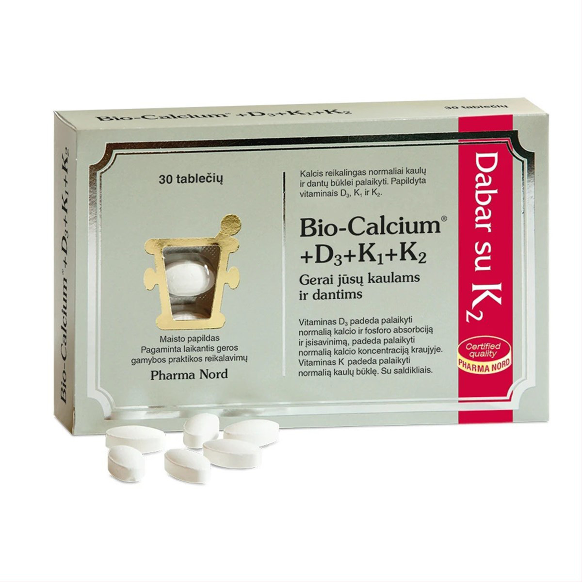 PHARMA NORD BIO-CALCIUM + D3 + K, 30 čiulpiamųjų tablečių