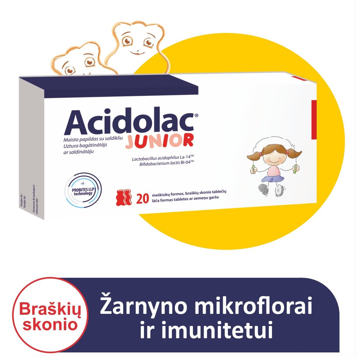 ACIDOLAC JUNIOR, braškių skonio, 20 meškiuko formos tablečių