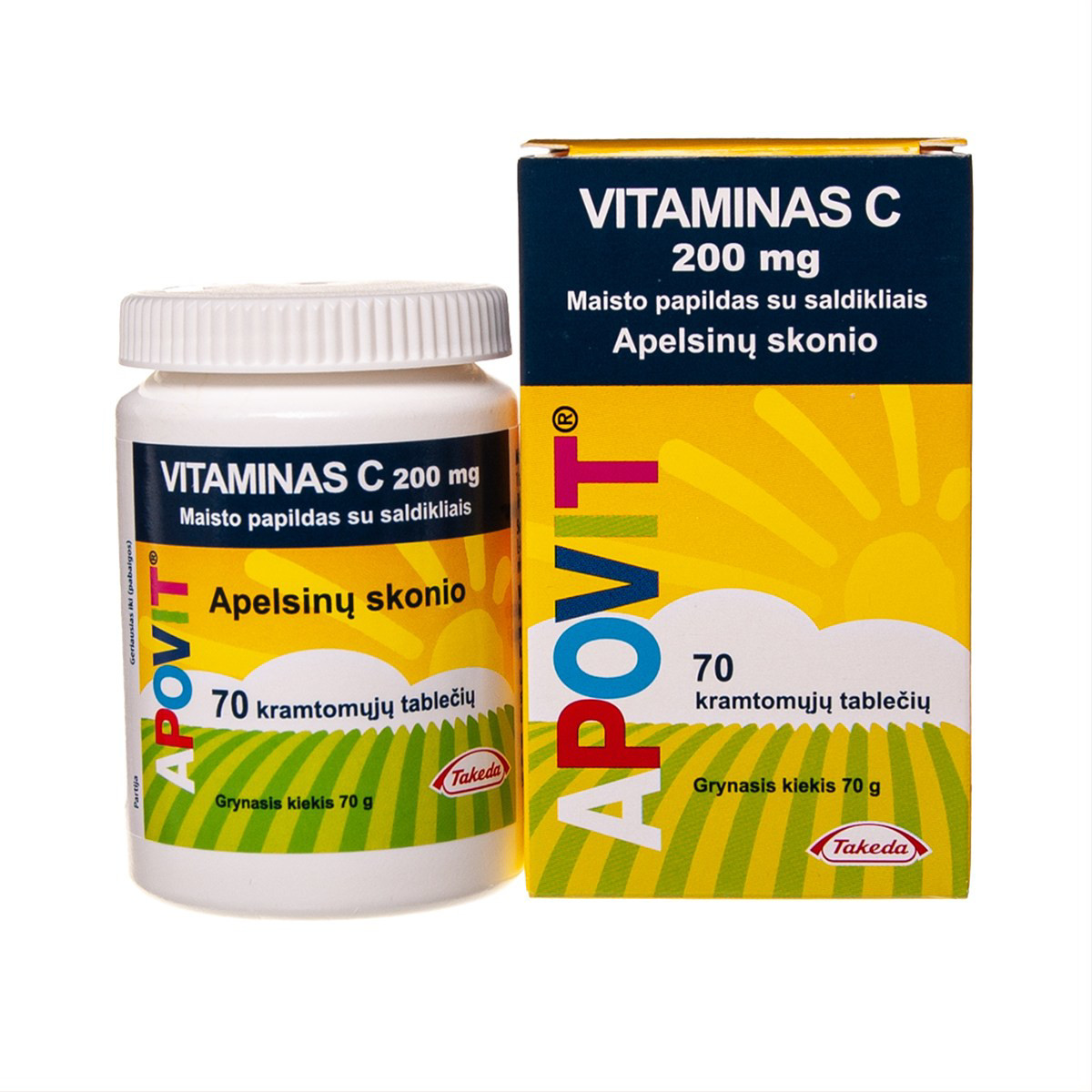 TAKEDA APOVIT VITAMIN C, 200 mg, 70 kramtomųjų apelsinų skonio tablečių