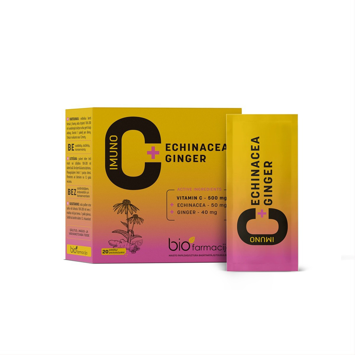 IMUNO C + ECHINACEA + GINGER, milteliai geriamajam tirpalui, N20