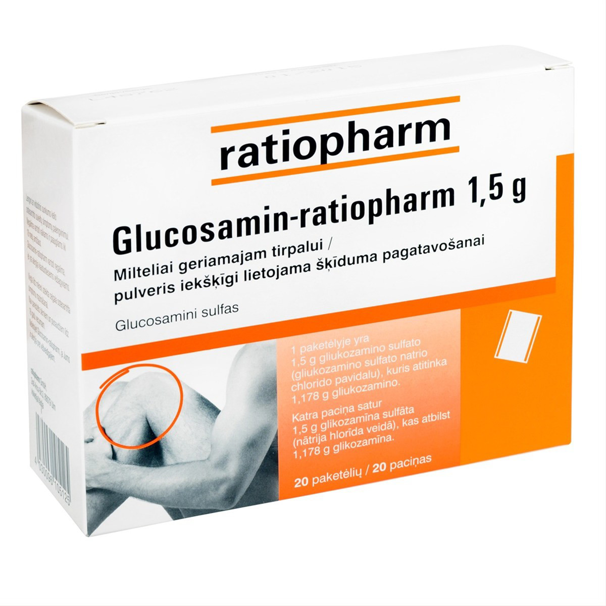 GLUCOSAMIN-RATIOPHARM, 1,5 g, milteliai geriamajam tirpalui, N20