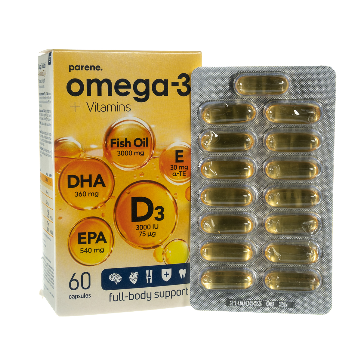 OMEGA 3 + VITAMINAI D IR E, 1000 mg, 60 kapsulių