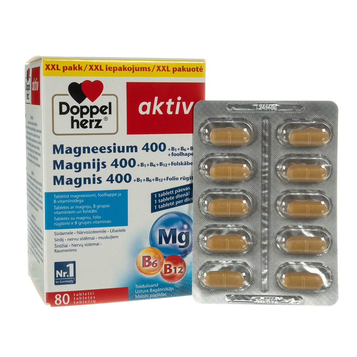DOPPELHERZ AKTIV MAGNIS 400 + B1 + B6 + B12 + folio rūgštis, 80 tablečių