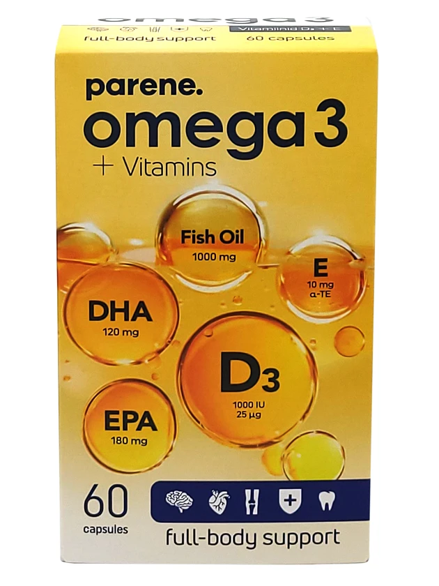 Omega-3 + vitamīni D3+E Parene kapsulas N60