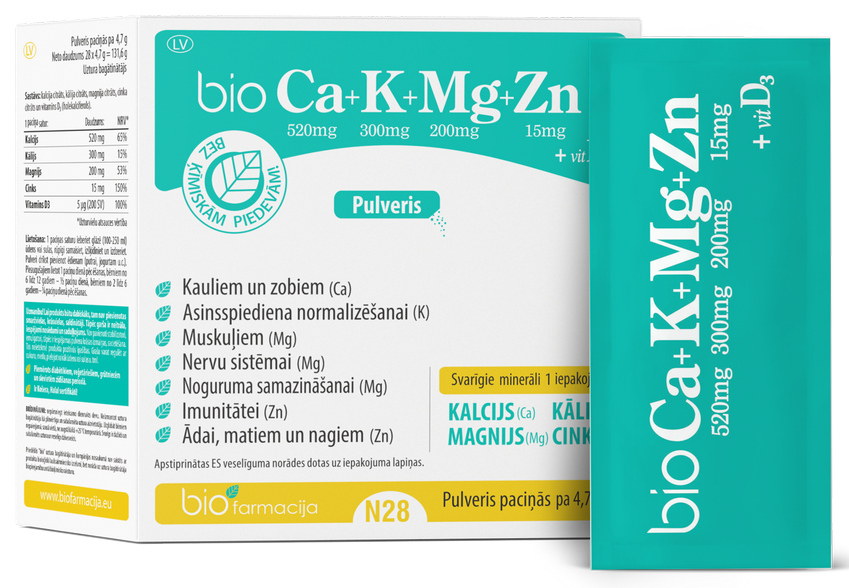 BIOFARMACIJA Bio CA+K+MG+ZN ar D3 vit. pulveris, 28 gab.