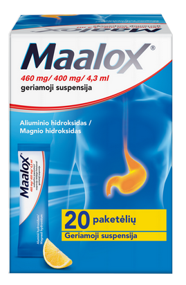 MAALOX 460 mg/400 mg/4,3 ml suspensija, 20 gab.