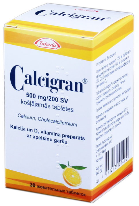 CALCIGRAN 500 mg/200 SV košļājamās tabletes, 30 gab.