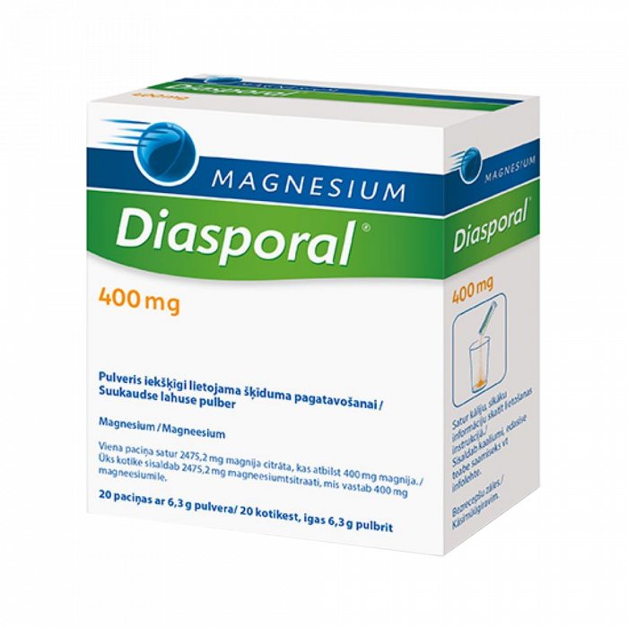 MAGNESIUM Diasporal 400 mg pulveris iekšķīgi lietojama šķīduma pagatavošanai, paciņas, 20 gab.