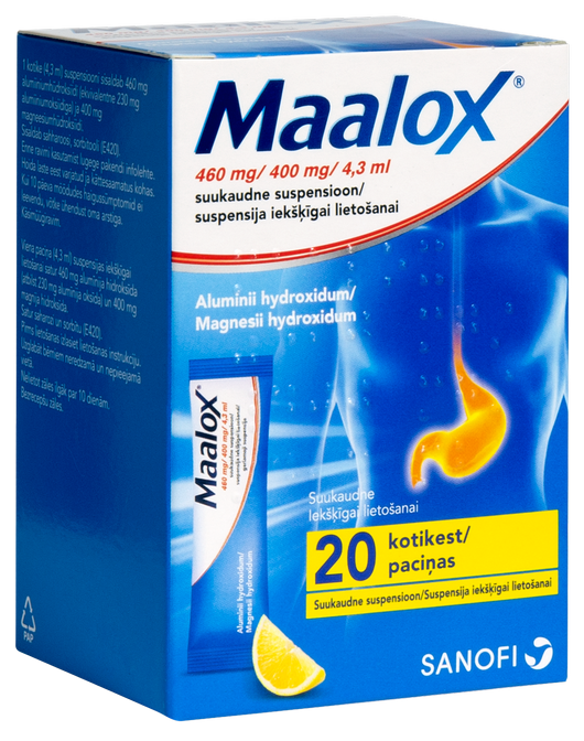 MAALOX 460 mg/400 mg/4,3 ml suspensija, 20 gab.